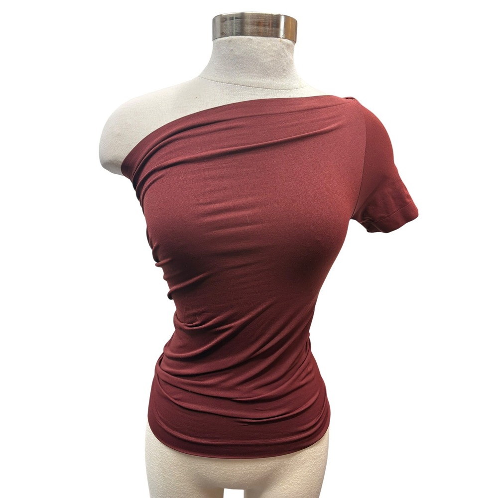 Helmut Lang Burgundy One Shoulder‎ Stretch Jersey Asymmetric Designer Tee Top XS